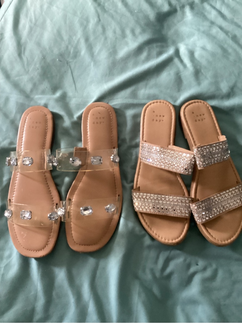 Tan Jeweled Slide Sandals - Clear and Champagne Embellished